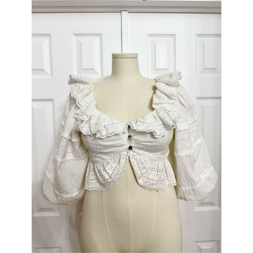 FARM Rio Womens Off White Eyelet Lace‎ Puff Sleeve Cotton Crop Top Size XL NWT